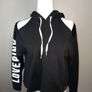 VICTORIAS SECRET PINK GRAPHIC PULLOVER HOODIE COLD SHOULDER, BLACK, SIZE XS
